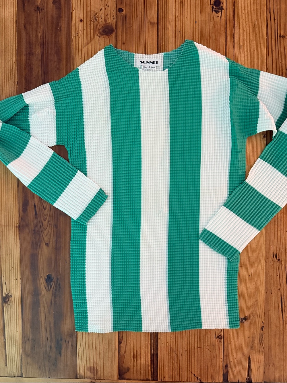 SUNNEI Green & White Striped Scoop-Neck Waffle Sweater